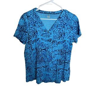 Anne Klein Blouse Women's Large V-Neck Blue Short Sleeve Tie Dye Shirt Top